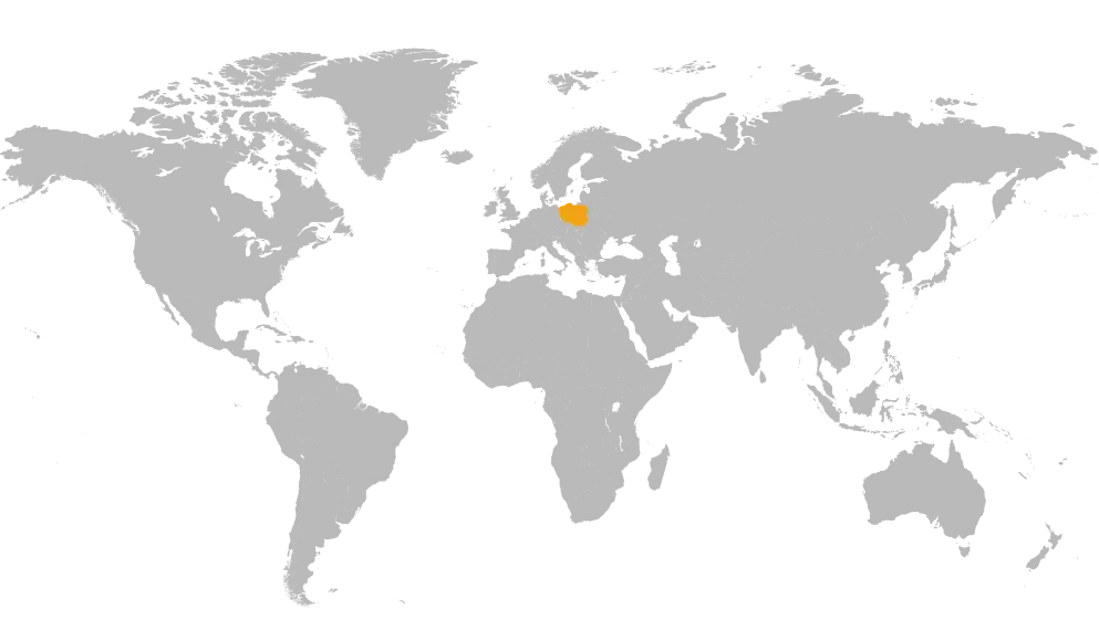 Mapa świata z zaznaczoną Polską — miejscem produkcji